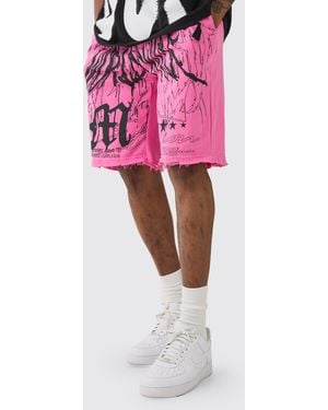 BoohooMAN Tall Loose Fit Worldwide Graphic Distressed Shorts - Pink