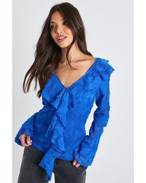 Boohoo Ruffle Long Sleeve Blouse - Azul