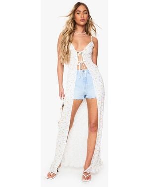 Boohoo Ditsy Tie Front Longline Top - White