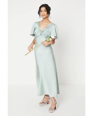 Oasis Petite Satin Twist Angel Sleeve Midi Bridesmaid Dress - Blue