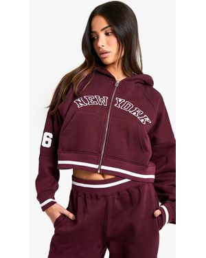 Boohoo Petite New York Embroidered Cropped Zip Through Hoodie