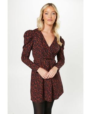 Dorothy Perkins Animal Empire Wrap Long Sleeve Mini Dress - Red
