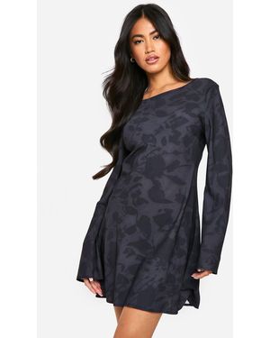 Boohoo Floral Low Back Flare Sleeve Dress - Blue