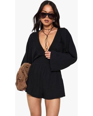 Boohoo Cheesecloth Plunge Romper - Black
