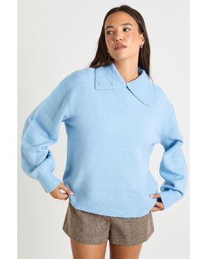 Boohoo Collar Detail Soft Knit Oversized Knitted Sweater - Blue