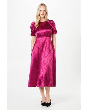 Oasis Pleat Sleeve Jacquard Satin Midi Dress - Pink