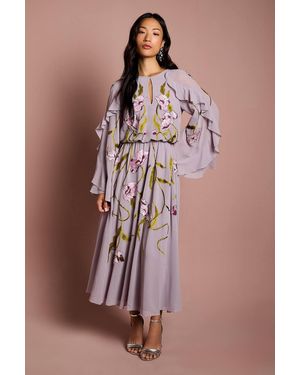 Coast Embroidered Tiered Chiffon Midi Dress - Brown