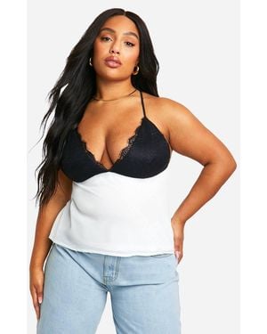 Boohoo Plus Contrast Lace Cup Chiffon Cami Top - White