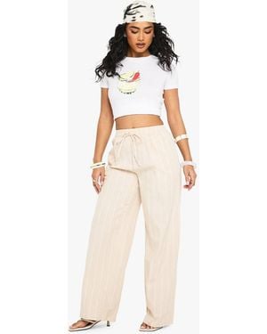Boohoo Tonal Stripe Linen Look Relaxed Fit Wide Leg Pants - White