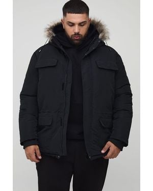 BoohooMAN Parka Plus Con Capucha Ártica De Pelo Sintético - Negro