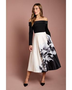 Coast Satin Midi Skirt With Placement Print - Black