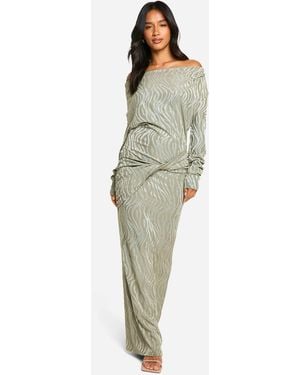 Boohoo Petite Animal Jacquard Drape Detail Maxi Dress - Green