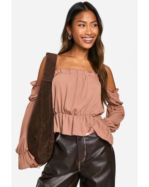 Boohoo Woven Volume Sleeve Ruched Bardot Top - Brown