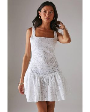 Warehouse Broderie Puff Ball Mini Dress - White