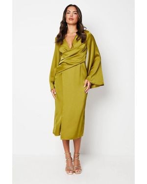 Coast Satin Wrap Dress With Flare Sleeve - Yellow