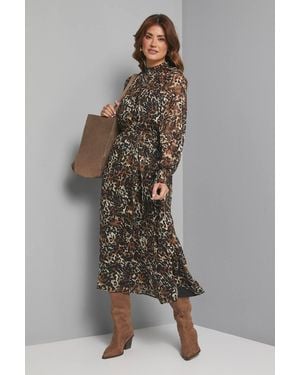 Wallis Leopard Burn Out Shirred Midaxi Dress - Brown