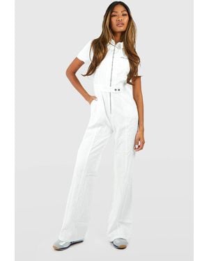 Boohoo Zip Up Cargo Denim Wide Leg Jumpsuit - White