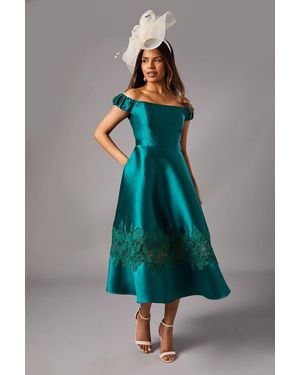Coast Petite Bardot Twill Midi Dress With Lace Trim - Blue