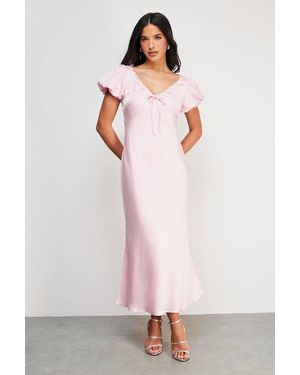 Warehouse Satin Lace Insert Puff Sleeve Midi Tea Dress - Pink