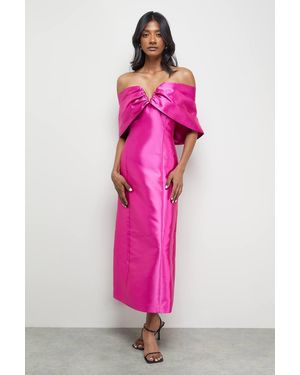 Warehouse Satin Twill Notch Front Bardot Midi Dress - Pink