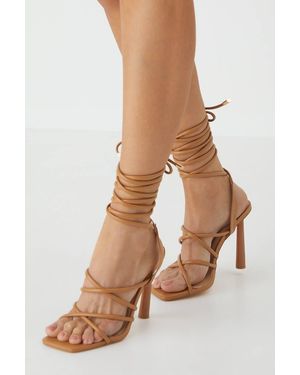 MissPap Square Toe Wrap Around Ankle Strap High Stiletto Heel Sandals - Natural