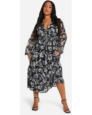 Boohoo Plus Mono Floral Chiffon Long Sleeve Frill Midaxi Dress - Black