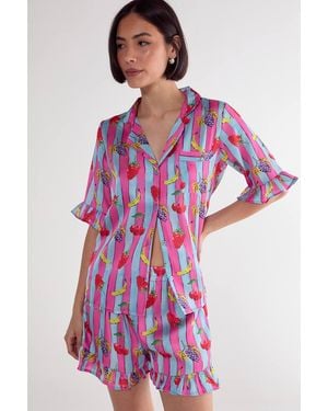 Nasty Gal Satin Fruit Stripe Ruffle Pajama Shorts Set - Pink
