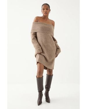 MissPap Premium Knit Bardot Foldover Sweater Dress - Brown