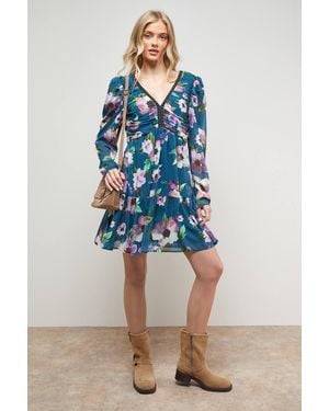 Oasis Printed Statement Shoulder Ruched Body Mini Dress - Blue
