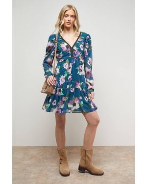 Oasis Printed Statement Shoulder Ruched Body Mini Dress - Blue