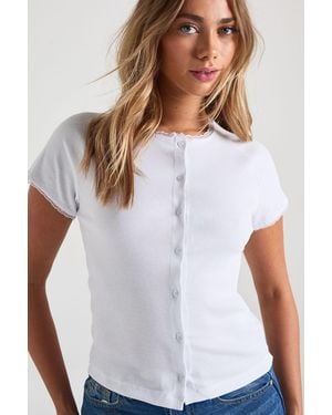 Boohoo Rib Lace Trim Detail Cap Sleeve Top - Blanco