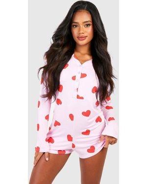 Boohoo Heart Print Button Front Romper - Red