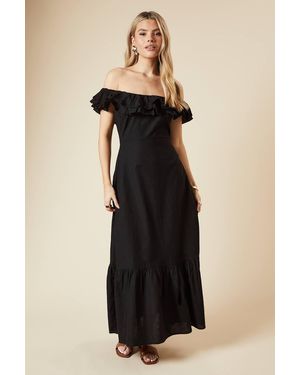 Dorothy Perkins Ruffle Bardot Linen Midi Dress - Black
