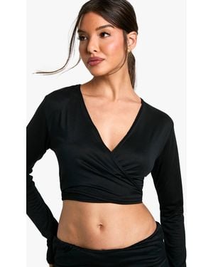 Boohoo Loungewear Soft Touch Tie Front Wrap Top - Black