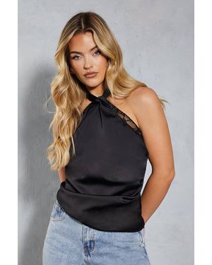 MissPap Lace Trim Halterneck Satin Cami Top - Blue