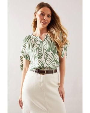 Wallis Abstract Tie Sleeve Collarless Top - Green
