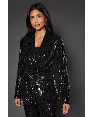 Wallis Tie Belted Sequin Blazer - Gray