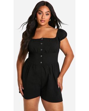 Boohoo Plus Stretch Woven Puff Sleeve Milkmaid Playsuit - Black