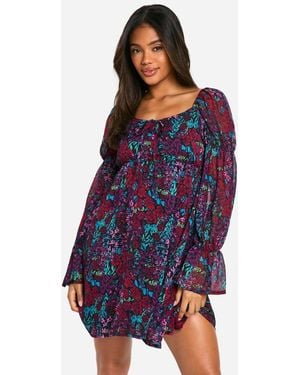 Boohoo Floral Crinkle Chiffon Long Sleeve Smock Dress - Blue