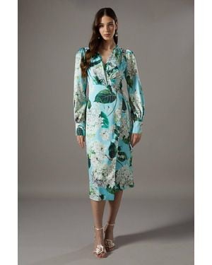 Coast Printed Wrap Satin Midi Dress - Gray