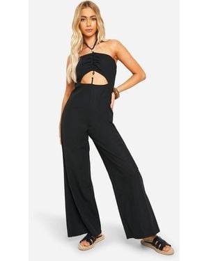 Boohoo Linen Look Cut Out Bead Detail Wide Leg Jumpsuit - Black