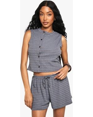 Boohoo Striped Jersey Asym Button Sleeveless Tank - Blue