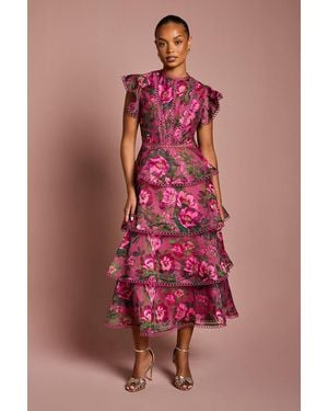 Coast Petite Lace Trim Tiered Organza Midi Dress