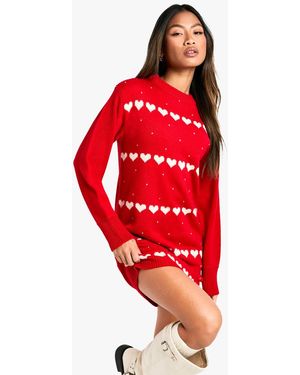 Boohoo Hearts Sweater Dress - Red