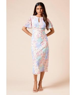 Dorothy Perkins Petite Floral Angel Sleeve Keyhole Mesh Jersey Midi Dress - Natural