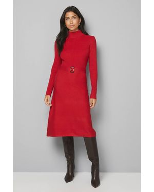 Wallis Rib Detail High Neck Belted Knitted Dress - Red