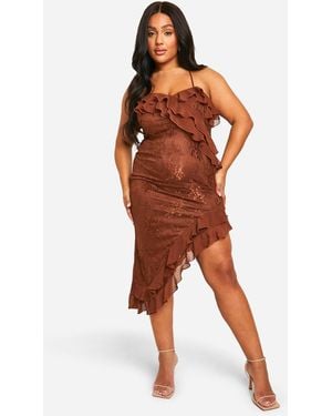 Boohoo Plus Lace Frill Asymmetric Midaxi Dress - Brown