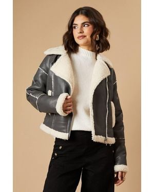 Oasis Pu Borg Detail Collared Zip Jacket - Black