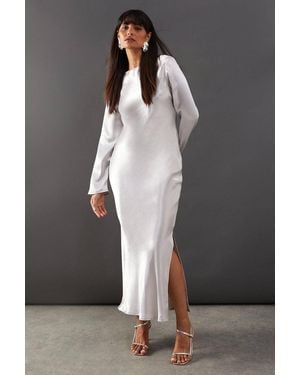 Warehouse High Shine Metallic Satin Column Midi Dress - Gray