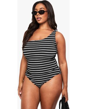 Boohoo Plus Crinkle Stripe One Shoulder Swimsuit - Black